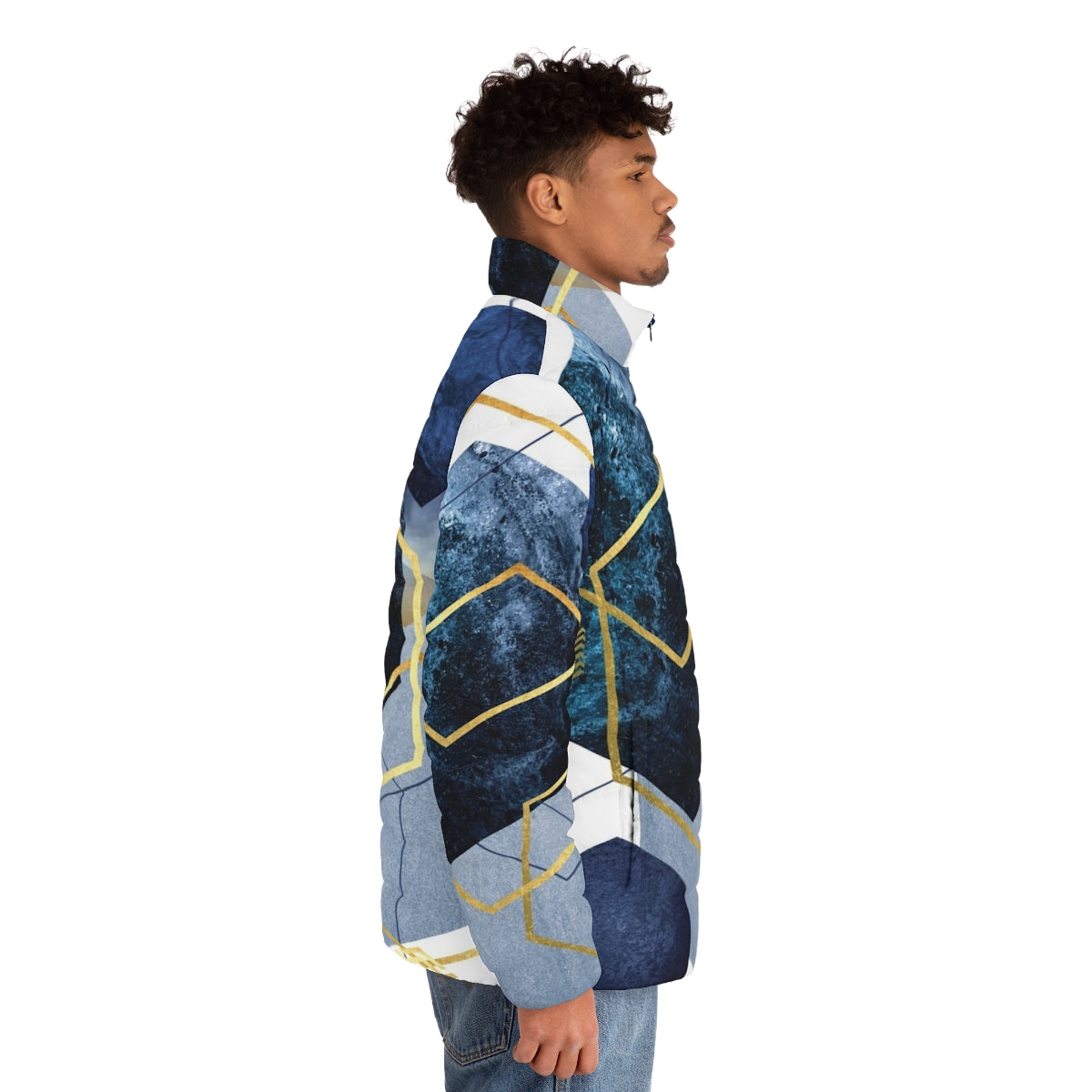 Navy and gold geometric puffer jacket for men - men side right