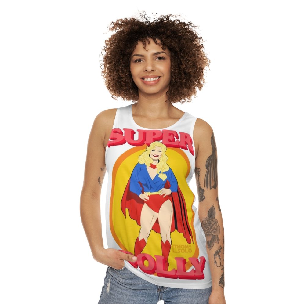 Unisex tank top with Dolly Parton and superhero pinup style - women