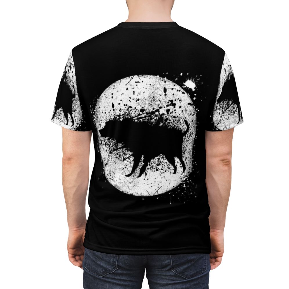 Banksy-inspired AOP t-shirt featuring a splash dog and moon design in a street art style - men back