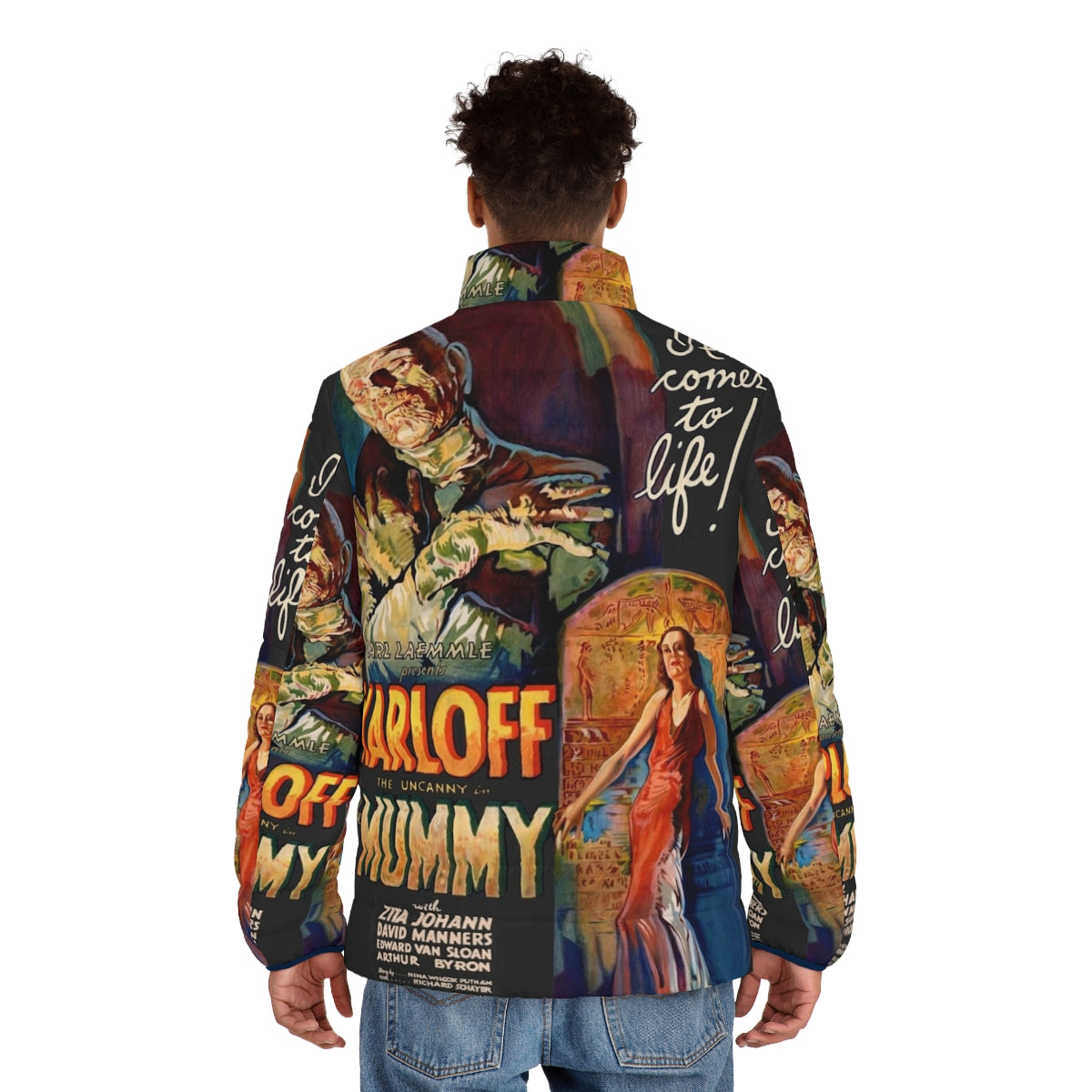 Vintage The Mummy horror movie poster printed on a puffer jacket - men back