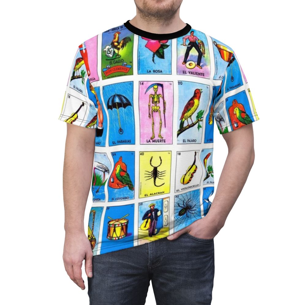 Colorful t-shirt design featuring Mexican-inspired bingo symbols and elements - men front