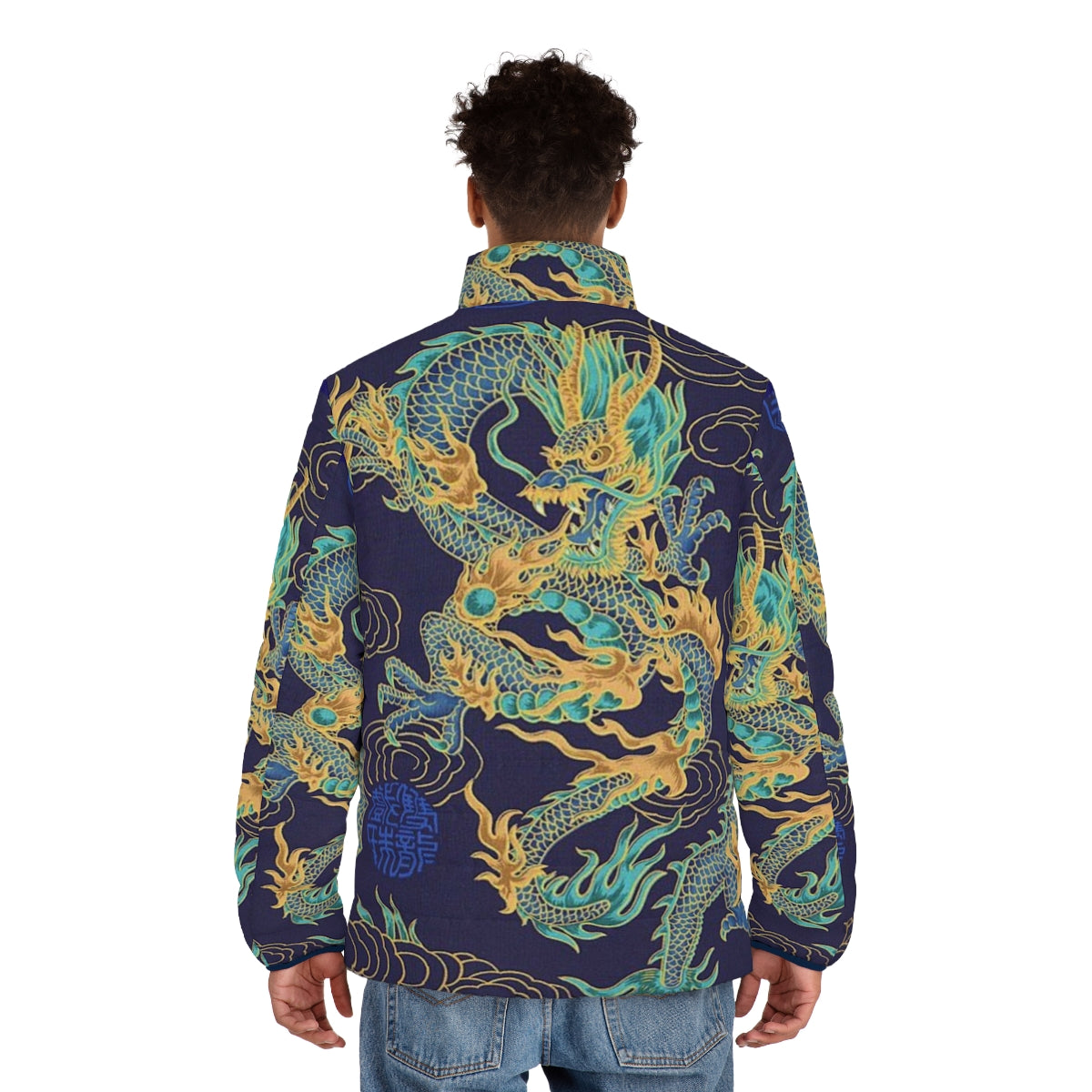 Gilded Dragon Puffer Jacket with Mythical Creature Designs - men back