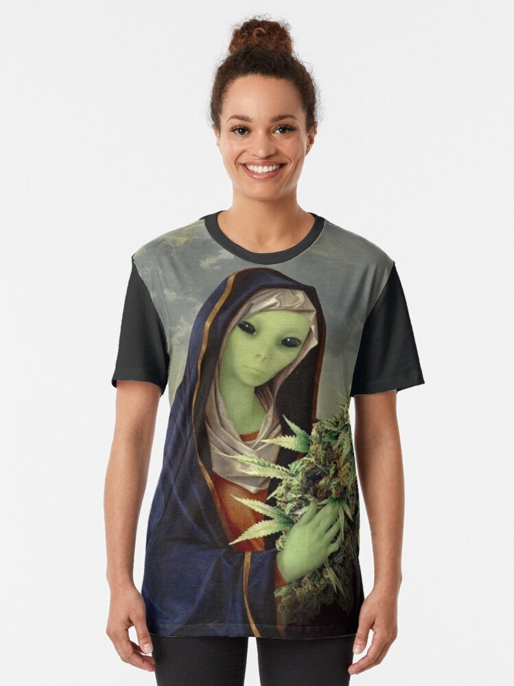 Mother Mary Jane graphic t-shirt with cannabis and marijuana leaf design - Women