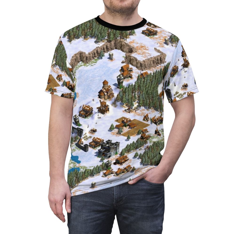 Vintage-style t-shirt featuring a snowy landscape design inspired by the classic real-time strategy game Age of Empires. - men front