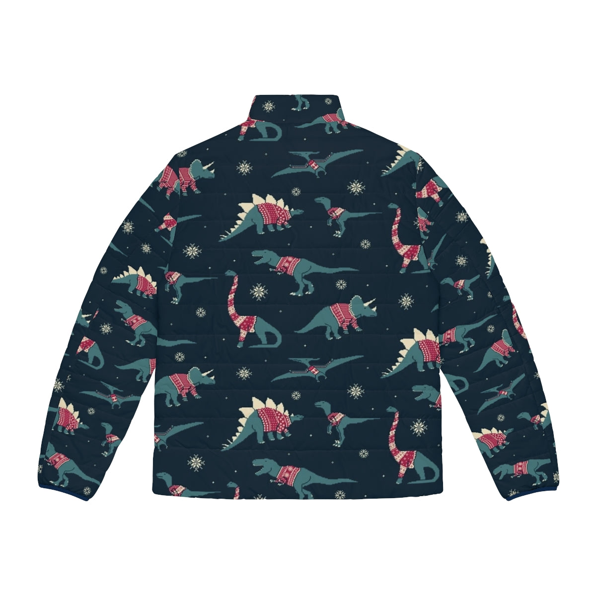 Puffer jacket featuring cute dinosaurs wearing festive sweaters - Back