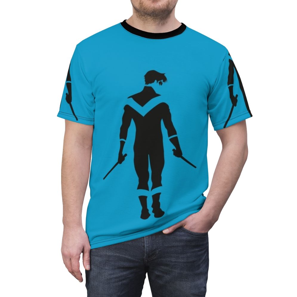 Minimalist Nightwing graphic t-shirt featuring the iconic DC superhero character - men front