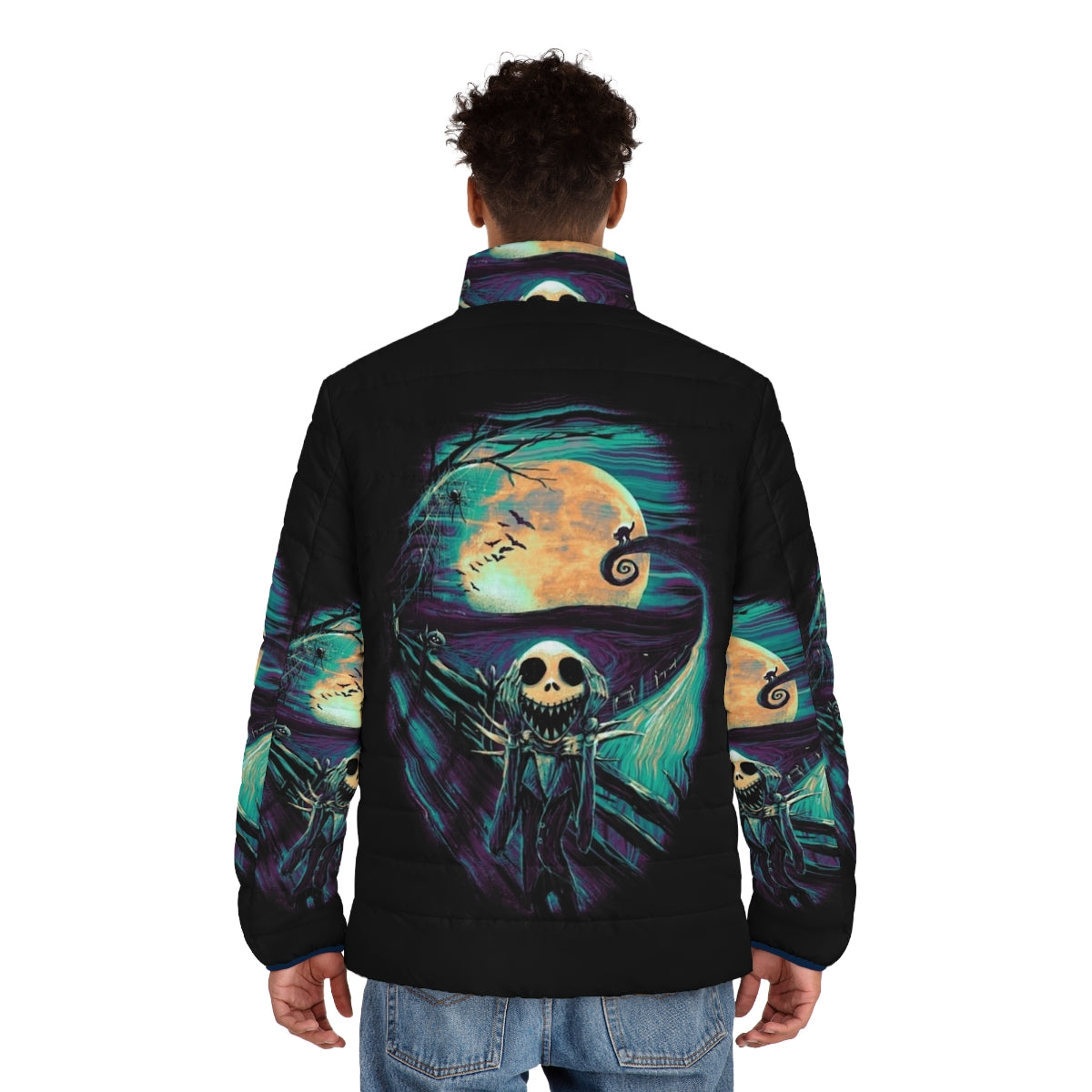 The Scream Before Christmas Puffer Jacket 2 - Nightmare Before Christmas inspired fashion featuring Edvard Munch's The Scream, Jack Skellington, and Halloween/Christmas imagery - men back