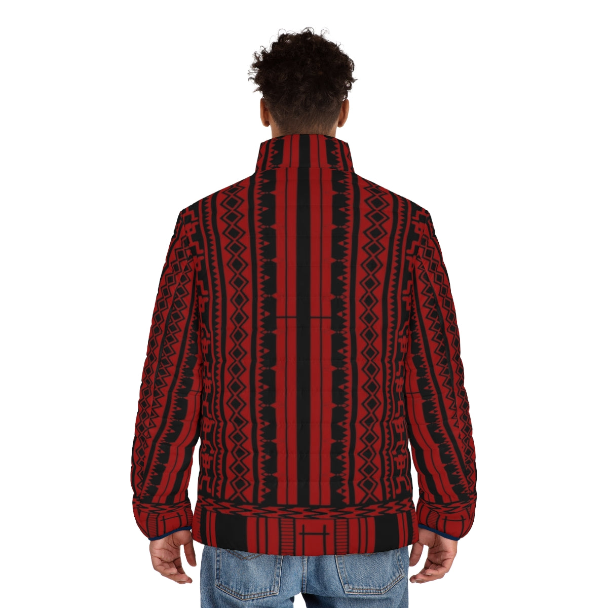 Ifugao weave puffer jacket with unique tribal patterns - men back