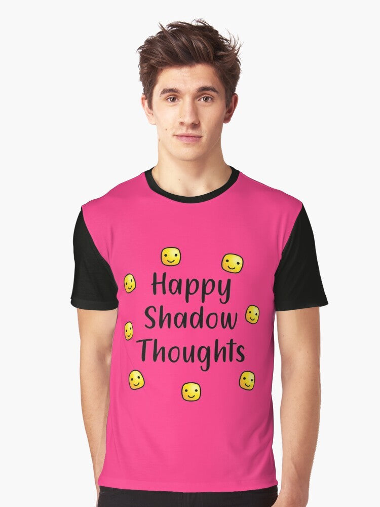 Inspiring minimalist t-shirt with the text "Happy Shadow Thoughts" in a modern, typographic design. - Men