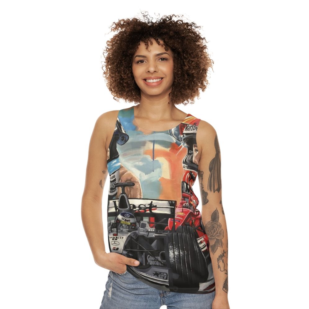 Formula One Champions Michael Schumacher and Mika Hakkinen Unisex Tank Top - women