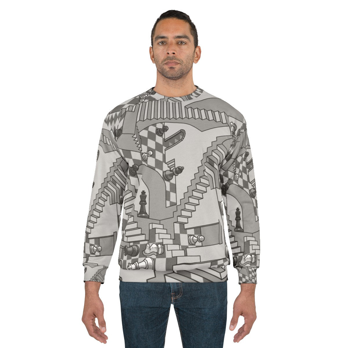 Check Dimension Sweatshirt with Chess and Geometric Pattern Design - men