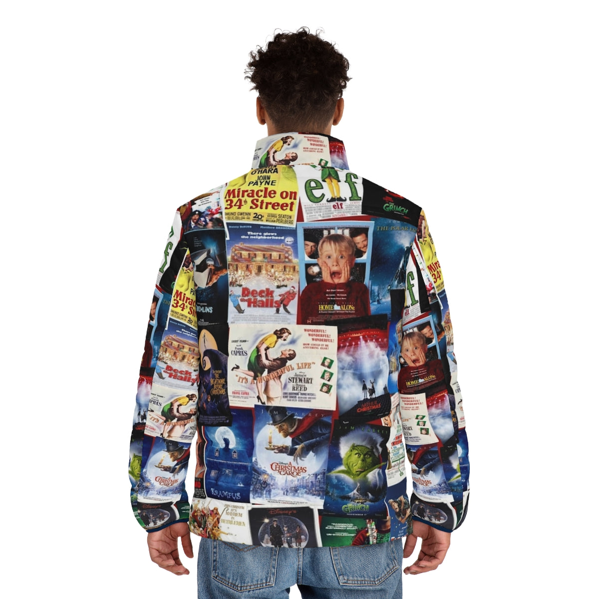 Christmas film collage puffer jacket featuring iconic holiday movies - men back