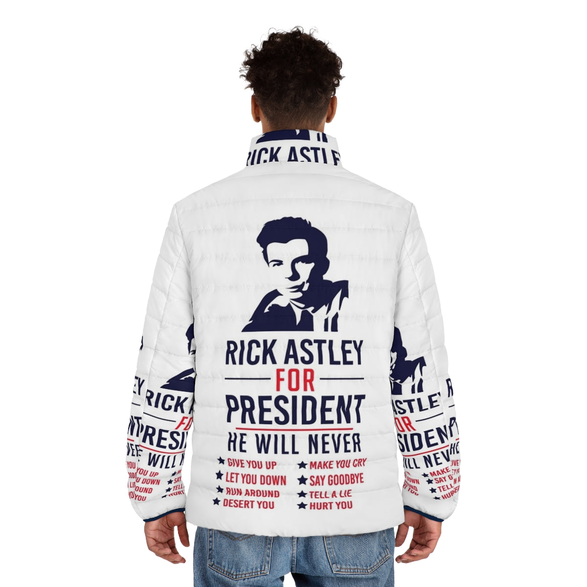 Rick Astley Puffer Jacket with political campaign design - men back