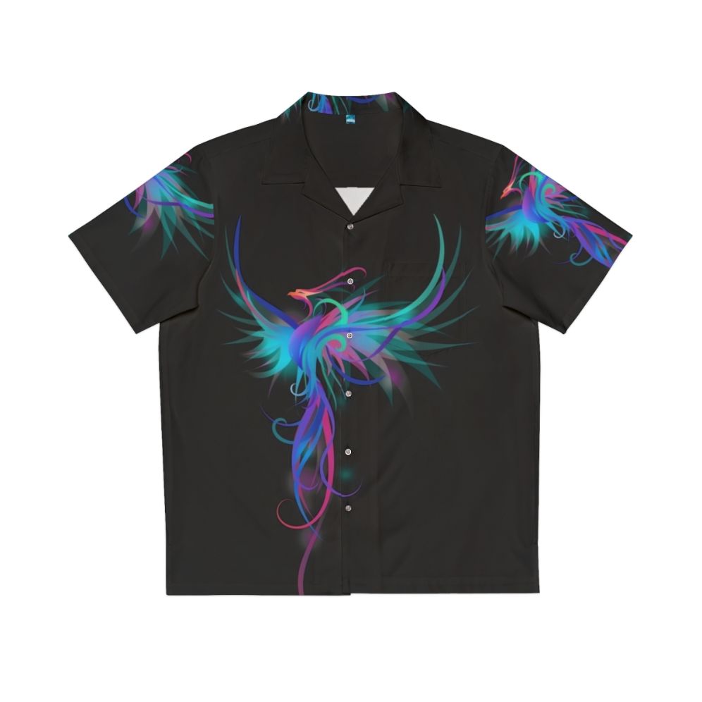 Colorful blue and pink phoenix design on a Hawaiian shirt