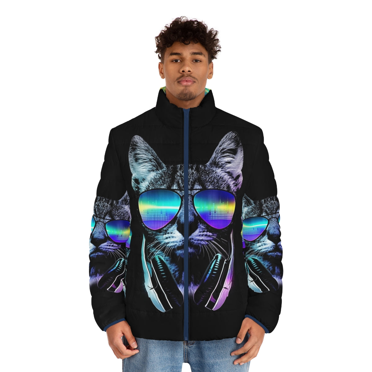 Music Lover Cat Puffer Jacket with Neon Equalizer Graphics and City Skyline - men front