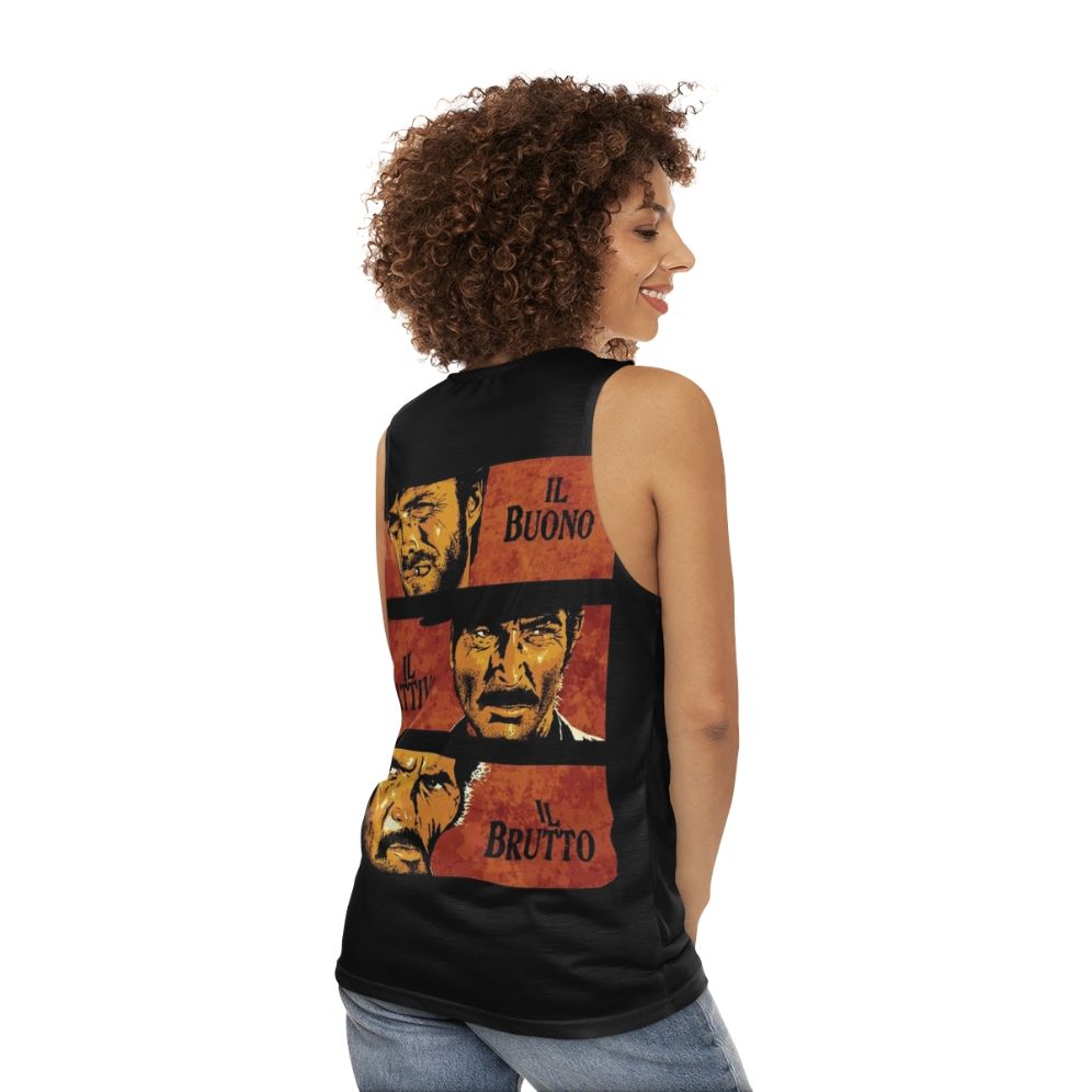 Unisex tank top featuring the iconic movie "The Good, The Bad and The Ugly" design - women back