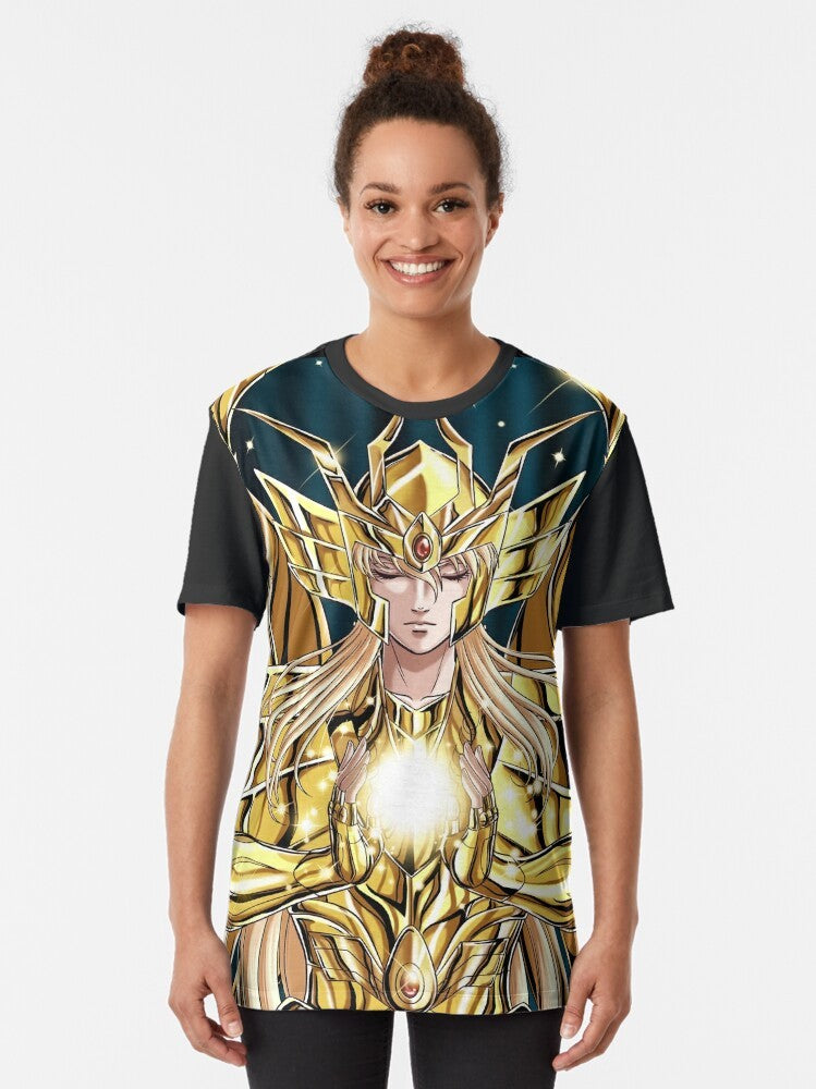 Virgo Shaka from the anime Saint Seiya wearing a distinctive graphic design t-shirt - Women