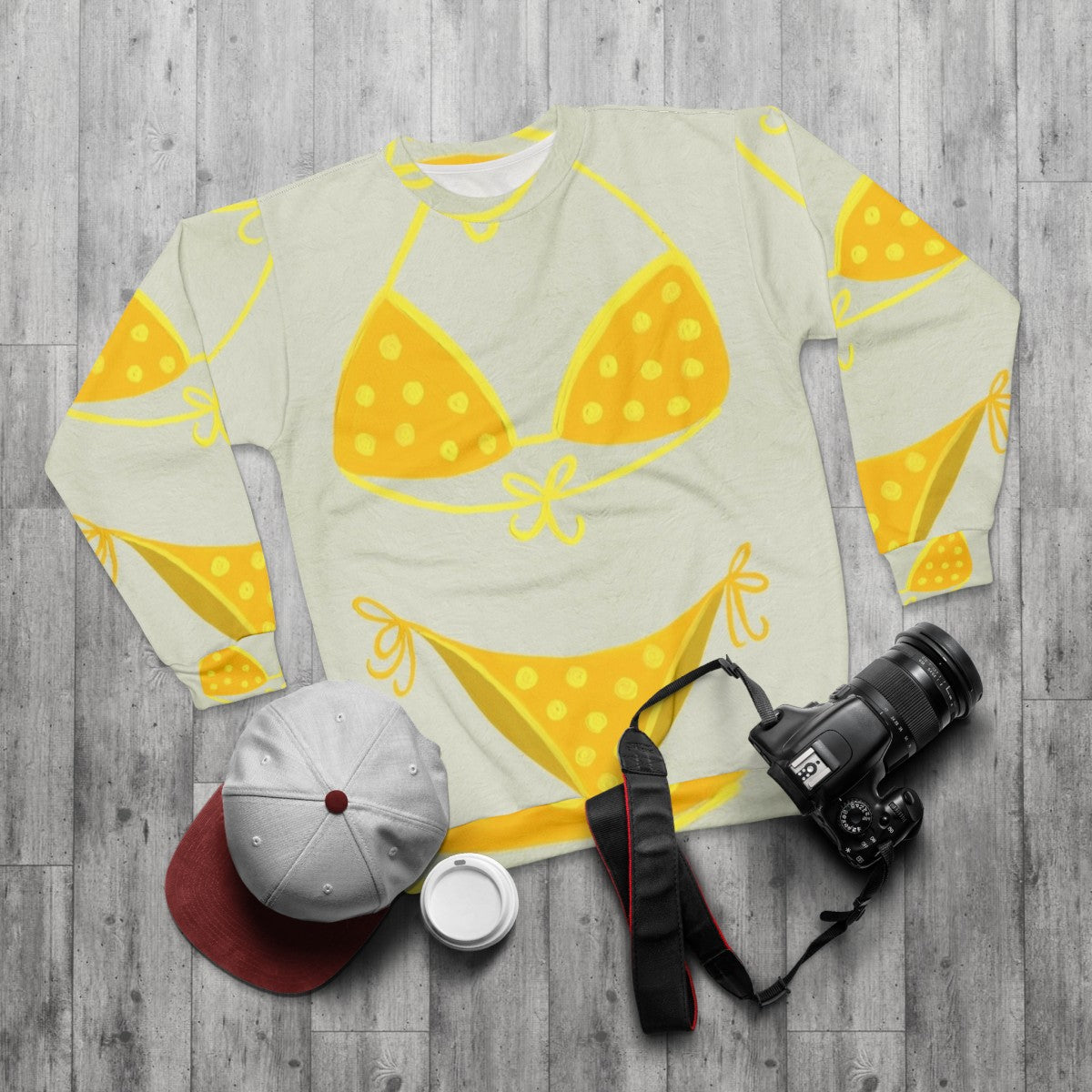 Vintage yellow polka dot sweatshirt with lyrics and quotes - flat lay