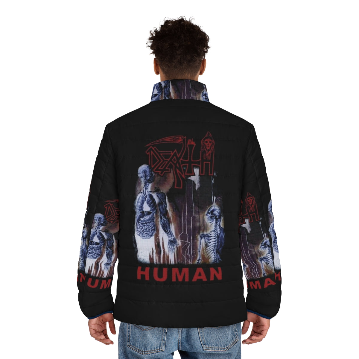 Death Metal Puffer Jacket featuring a bold graphic design - men back