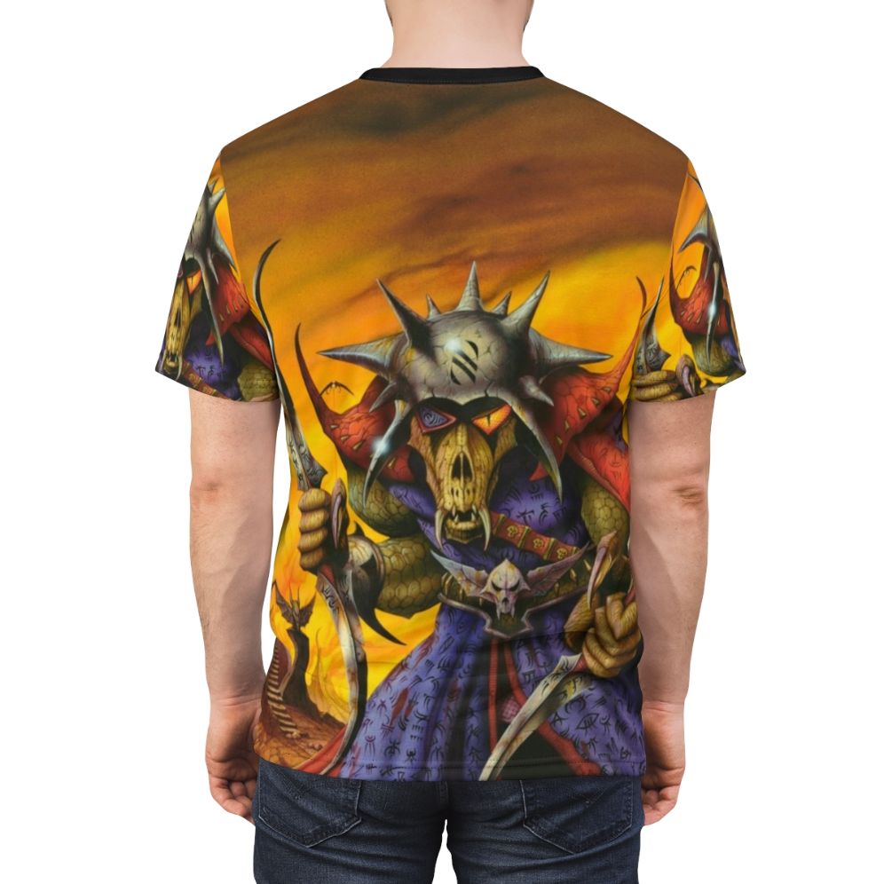 Fiery fantasy art inspired heavy metal t-shirt with skulls, snakes, bats, and villainous imagery - men back