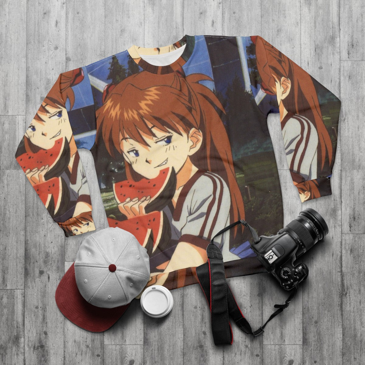 Smug anime sweatshirt with Evangelion inspired watermelon design - flat lay