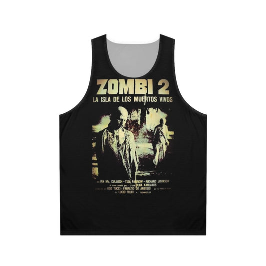 Zombi 2 unisex horror tank top featuring zombie and gore imagery