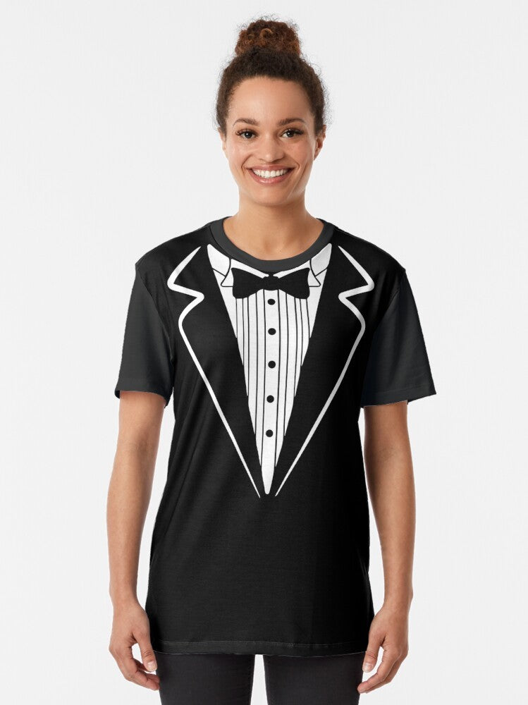 Tuxedo bow tie graphic t-shirt with a stylish and humorous design - Women