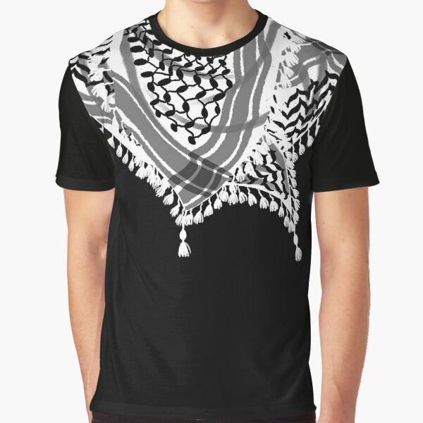 Keffiyeh scarf graphic t-shirt with black and white waves, fishnet, and tassels, featuring a Palestinian pattern design