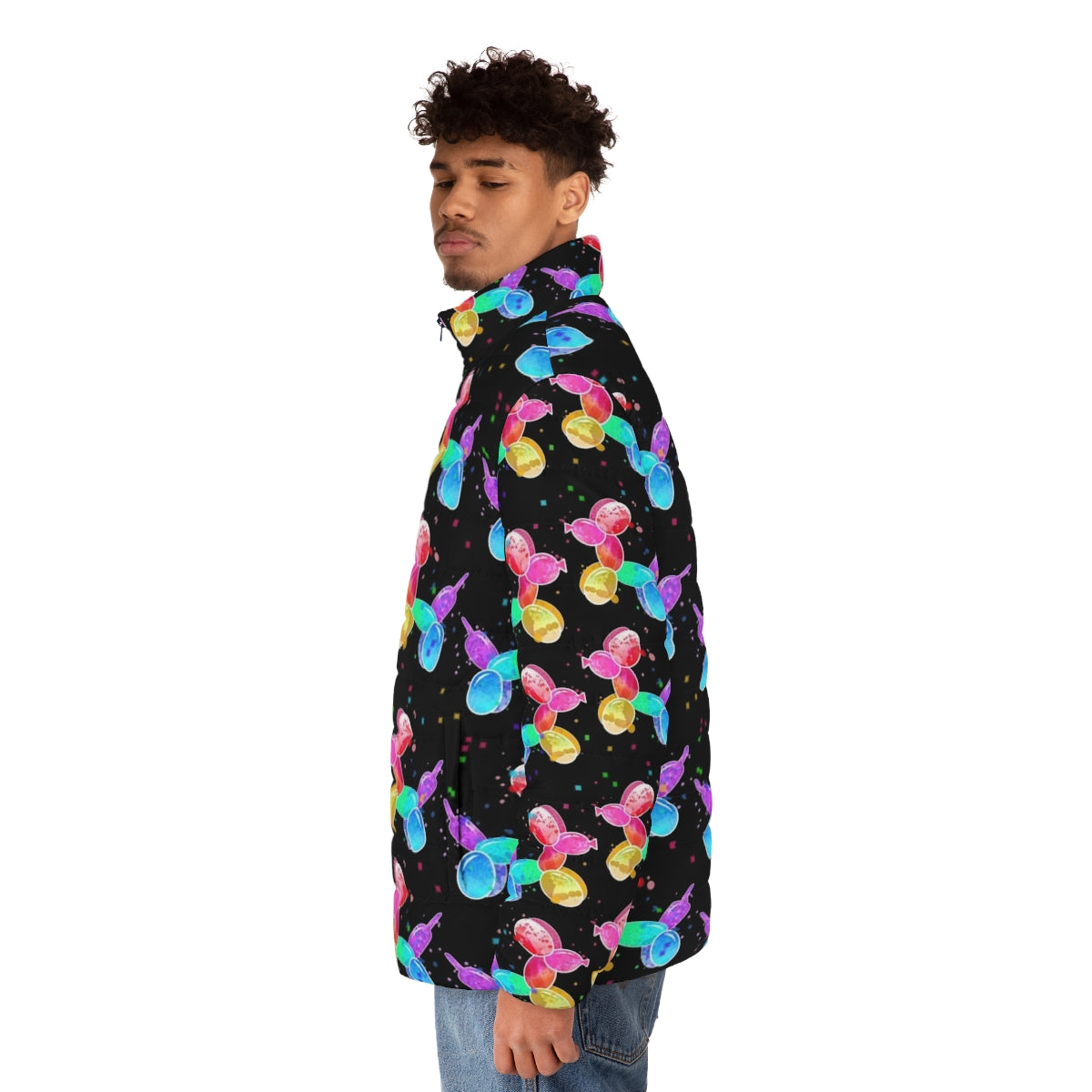 Puffer jacket featuring colorful watercolor balloon dog graphic - men side left