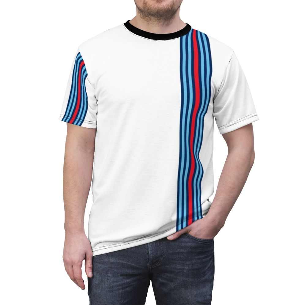 Vintage-inspired racing stripes graphic on a high-quality t-shirt for classic car and motorsports fans - men front