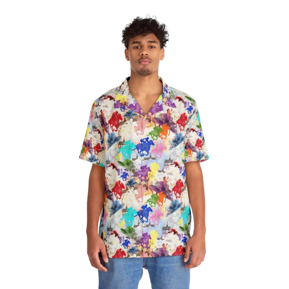 Colorful Hawaiian shirt with horse racing and jockey silhouette design - People Front