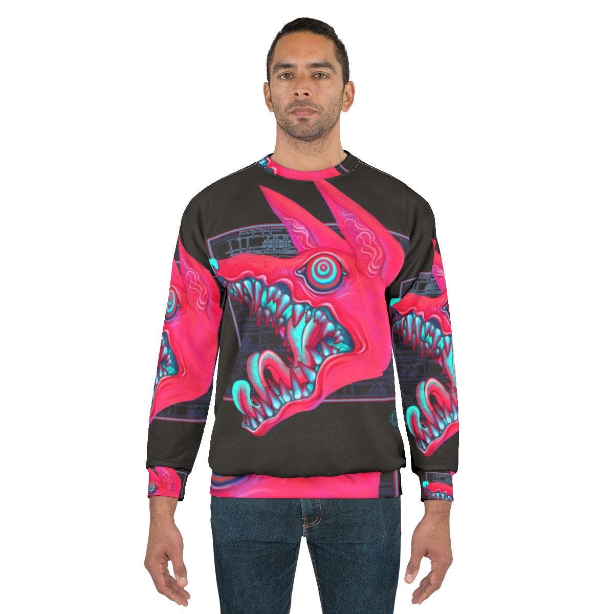 Creepy canine sweatshirt with pastel colored teeth and eyes - men