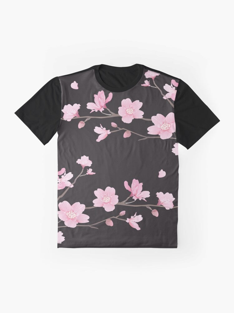 Elegant cherry blossom flower plant graphic t-shirt in black - Flat lay