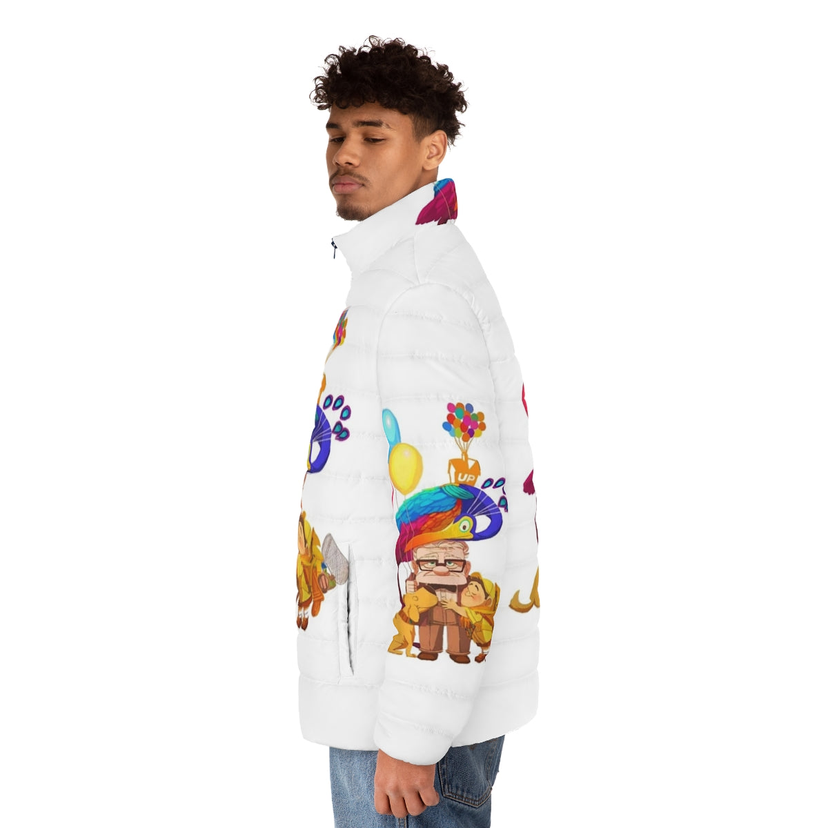 Colourful puffer jacket inspired by the Pixar film "Up" with balloons and adventure theme - men side left