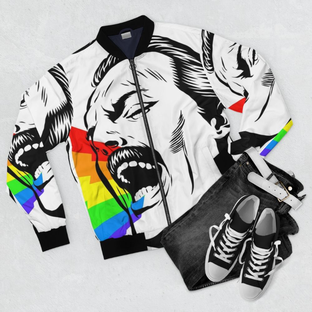 A colorful, vibrant bomber jacket with a singing rainbows design - Flat lay