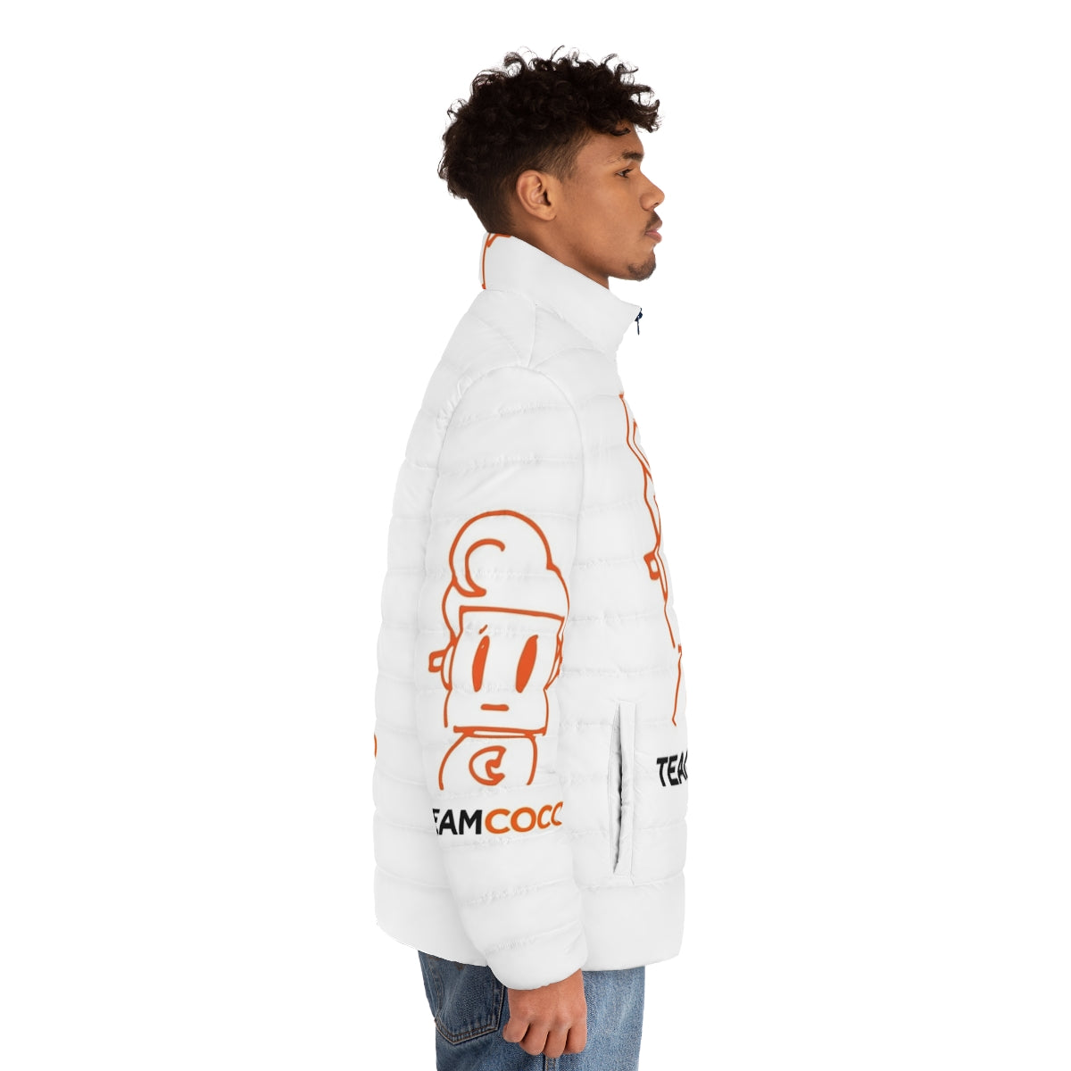 Coco Robot Doodle Puffer Jacket featuring Conan O'Brien's iconic comedy designs - men side right