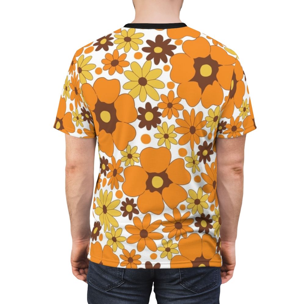 Closeup of a 1970s-style floral pattern printed on a white t-shirt - men back