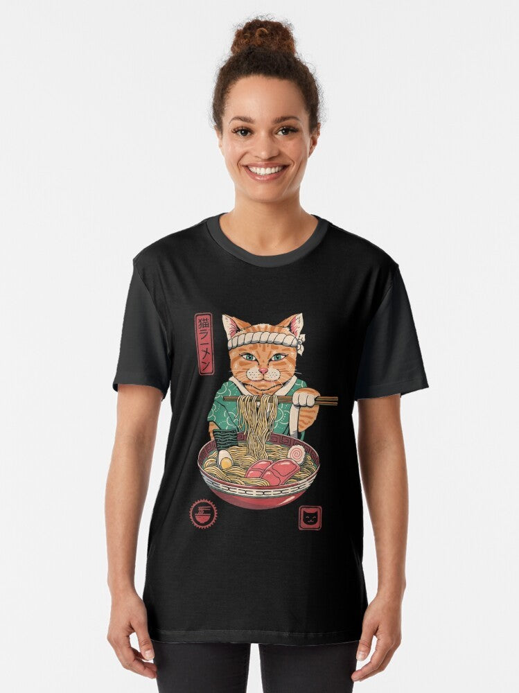 Neko Ramen Graphic T-Shirt featuring a cute cat and a ramen bowl with Japanese-inspired design - Women