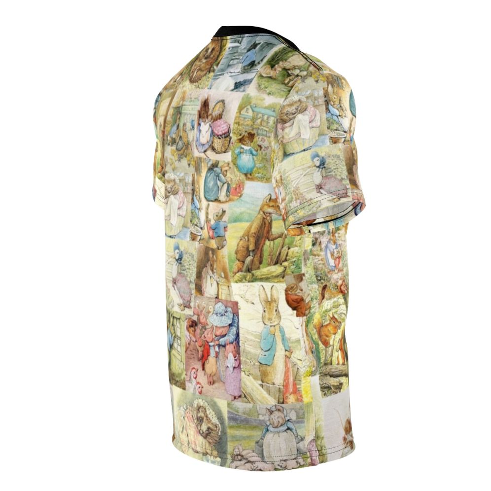 Collage T-shirt featuring a whimsical design inspired by the works of Beatrix Potter, including characters like Peter Rabbit and Jemima Puddle-Duck. - men right