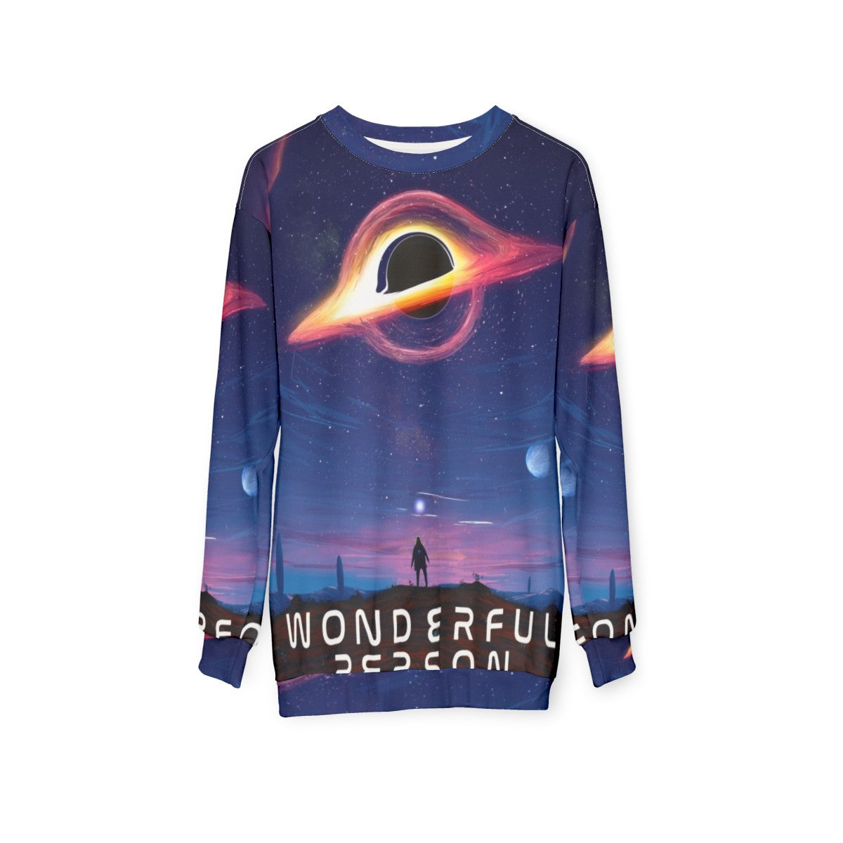 Wonderful person sweatshirt with motivational astronomy and black hole design - hanging