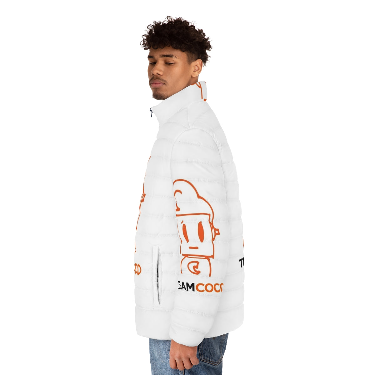 Coco Robot Doodle Puffer Jacket featuring Conan O'Brien's iconic comedy designs - men side left