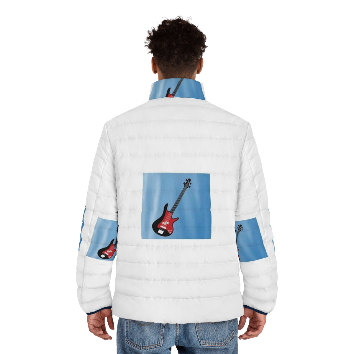 A puffer jacket with a musical design, featuring a guitar and notes, perfect for music enthusiasts. - men back