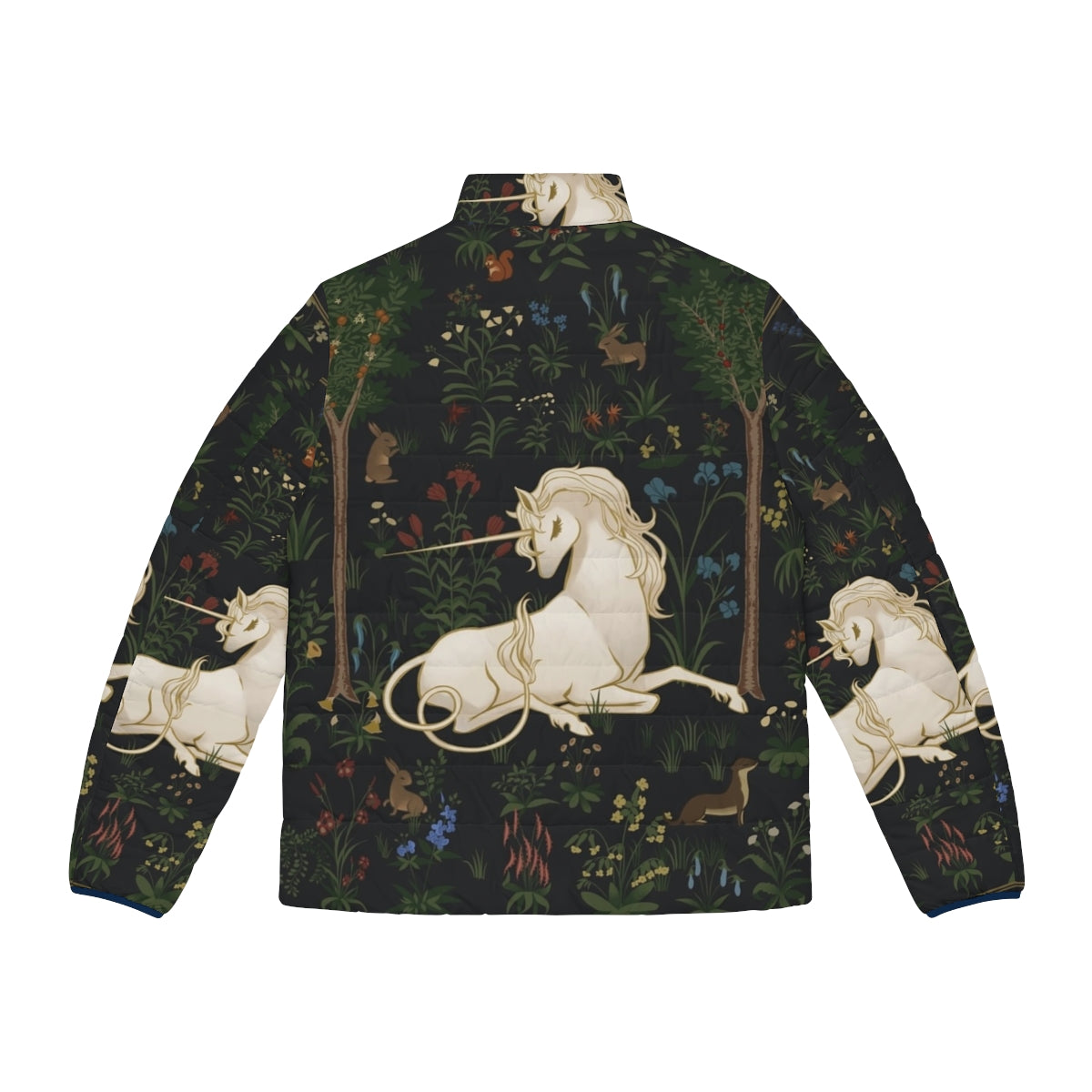 Unicorn puffer jacket in a whimsical woodland scene - Back