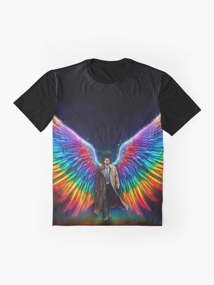 Castiel from Supernatural TV show graphic t-shirt with rainbow pride colors - Flat lay