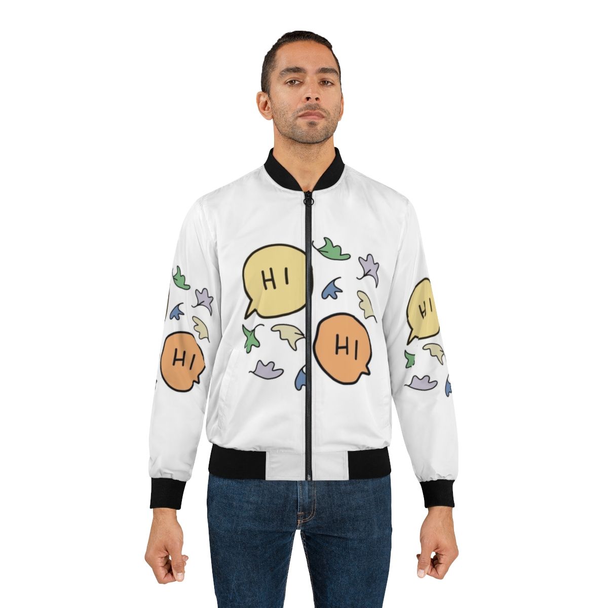 A pastel-colored bomber jacket with a Heartstopper graphic featuring leaves and characters from the series. - Lifestyle