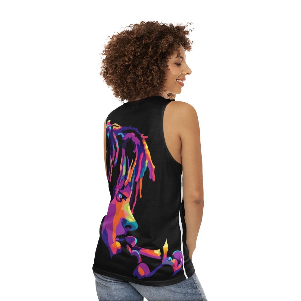 Vibrant pop art unisex tank top with "Legend Never Die 999" design - women back