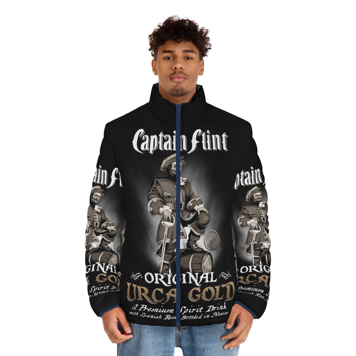 Captain Flint Rum Puffer Jacket with sails and nautical design - men front