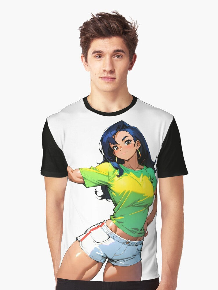 A graphic t-shirt featuring an inspirational anime-style illustration of a strong, athletic female character showcasing her muscular physique. - Men