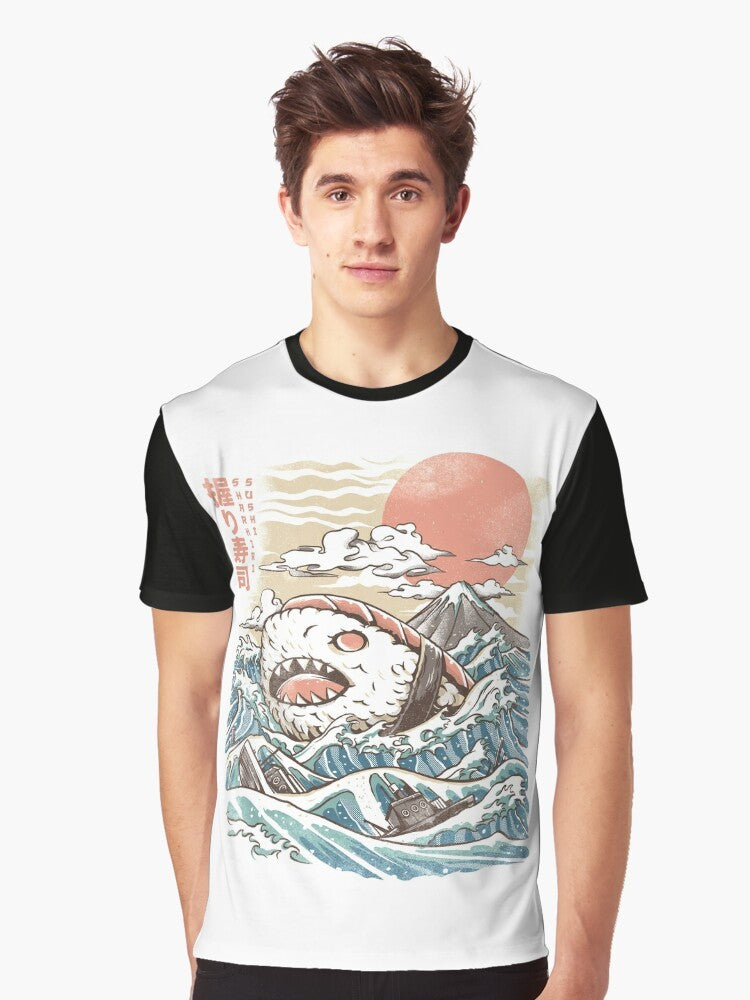 A graphic t-shirt with a sushi shark design inspired by Japanese art and culture. - Men