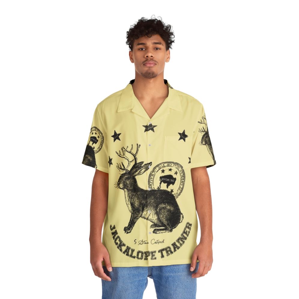 Beige Hawaiian Shirt with Quirky Jackalope Print - People Front